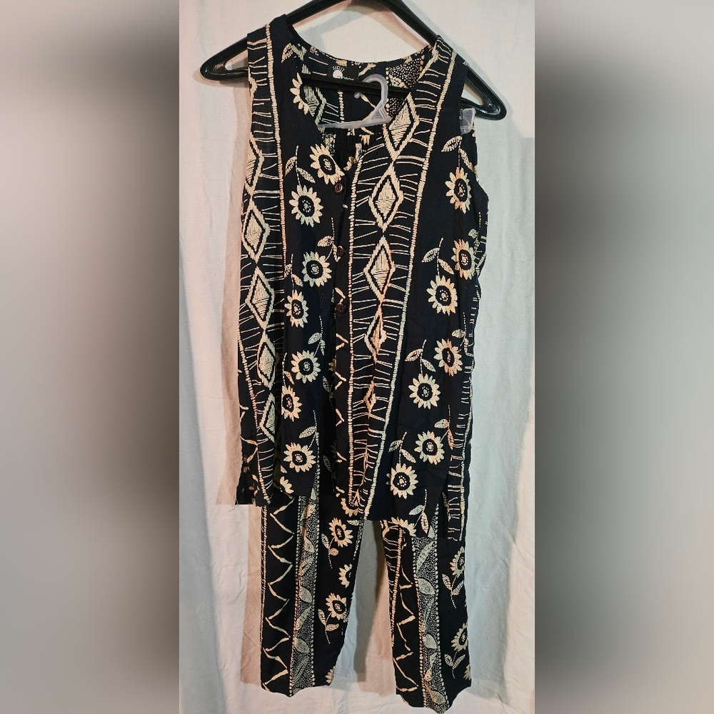First Option Petite Blue Floral Pant And Top Sleeveless Combo Size Small